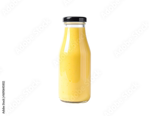 Glass bottle filled with golden yellow smoothie