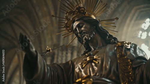 jesus statue on the cathedral interior background