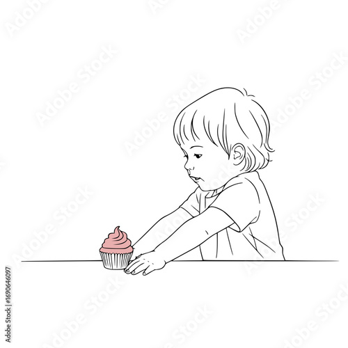 Child reaching for cupcake vectors: Young child reaching for a cupcake with pink frosting on table  