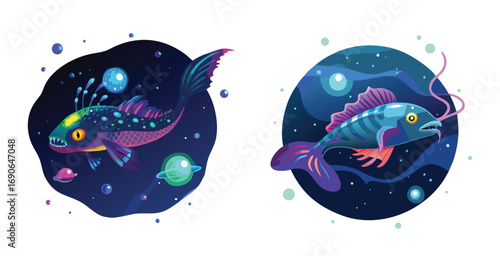 Alien fish creature with bioluminescent scales cartoon vector art set design illustration