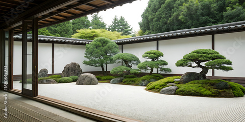 Serene Japanese garden interior with bonsai rocks and tatami
