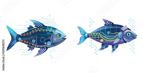 Cybernetic fish with sleek robotic fins and glowing cartoon vector art set design illustration