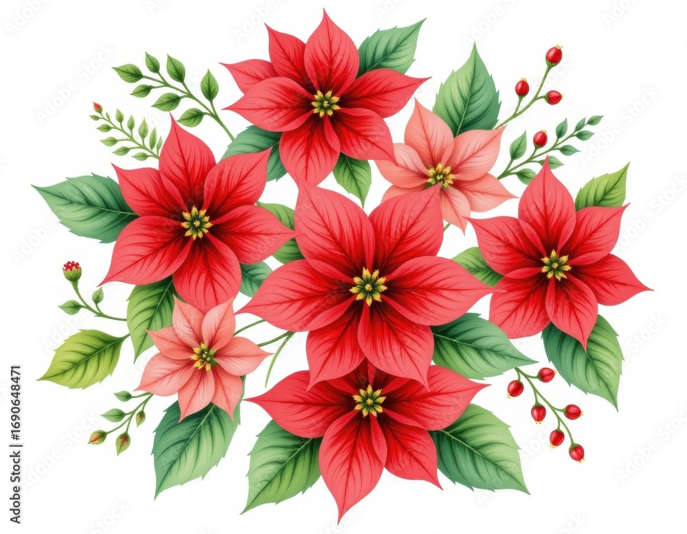 Obraz premium watercolor poinsettia flowers in festive red and green, holiday floral charm, delicate brush painting, bright seasonal detail, perfectly arranged on a pure white background.