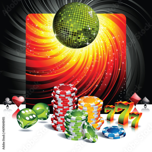 Casino Gambling Vector Background with Realistic Poker Chips Stacks, Dice, Slot Machine Sevens, Green Disco Ball, and Abstract Red Swirl for Party Flyer