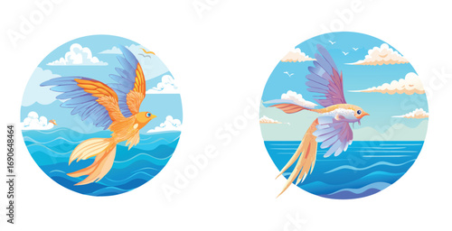 Fantasy fish with large elegant feathered wings cartoon vector art set design illustration