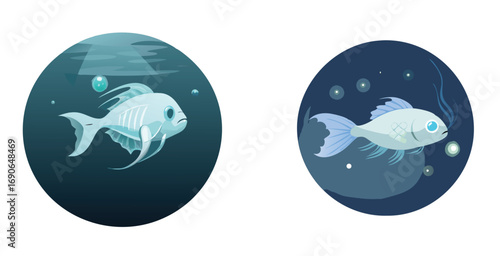 Ethereal transparent fish with ghostly glow cartoon vector art set design illustration