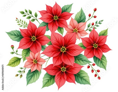 Wallpaper Mural watercolor poinsettia flowers in festive red and green, holiday floral charm, delicate brush painting, bright seasonal detail, perfectly arranged on a pure white background. Torontodigital.ca