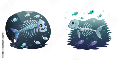 Haunting fish skeleton ghost with glowing eyes cartoon vector art set design illustration