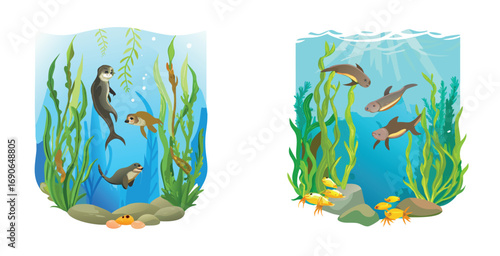 Ocean kelp forest with playful sea otters swimming vector art set design illustration