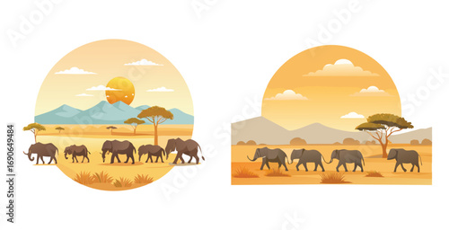 Savannah elephant migration route across golden grasses vector art set design illustration