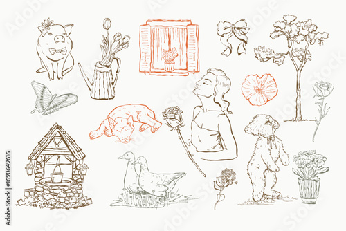 Cottagecore themed set Playful Pets and Garden