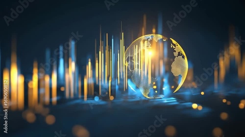 Glowing digital globe made of golden dots surrounded by vertical data bars in blue and orange, floating in abstract cyber environment. 4K video