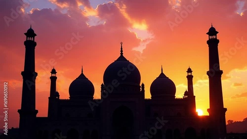 Majestic mosque silhouetted against a vibrant sunset sky