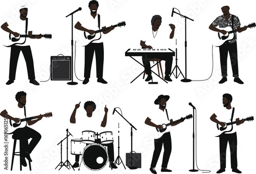 Musician silhouettes performing live, guitar, drums, keyboard, singer, colorful band illustration, concert stage, music performance art