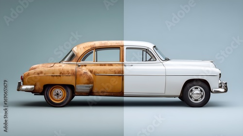 Transforming rusty vintage car to pristine white classic automobile with dramatic before and after comparison