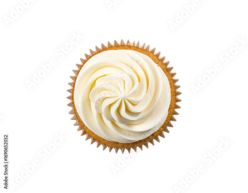 Top-down view of a vanilla cupcake with swirled frosting