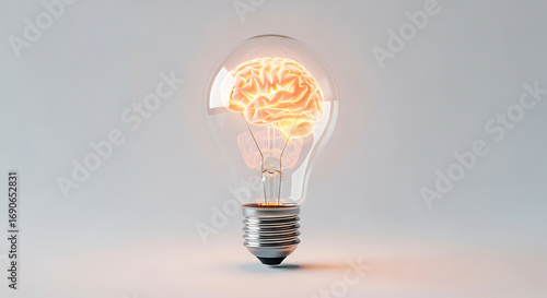 Glowing light bulb with brain inside representing creativity and innovation idea concept
