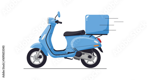 a blue scooter with delivery box attached ready for service