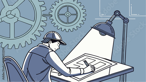 Engineering Design Industrial Worker Drawing Plans Gears Background Blueprint Illustration.