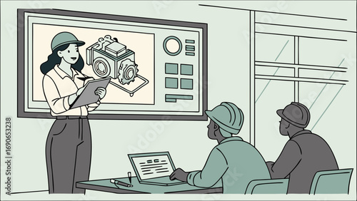 Engineering presentation team meeting technical drawing project review industrial design machinery diagram female engineer colleagues blueprint workshop innovation technology collaboration teamwork p.