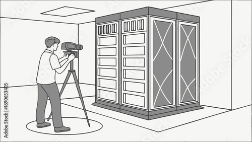 Filming a large server rack in a data center technology concept illustration grayscale vector art.