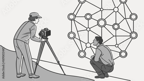 Filming a Person in Front of a Network Graphic Illustration.