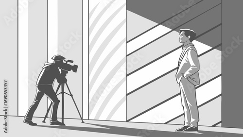 Filming a professional interview monochrome vector illustration cameraman subject tripod business modern grayscale stylish media production broadcasting television news corporate interviewee video re.