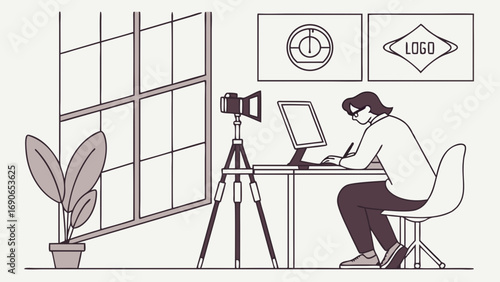 Graphic Designer Working at Desk with Computer and Camera on Tripod.