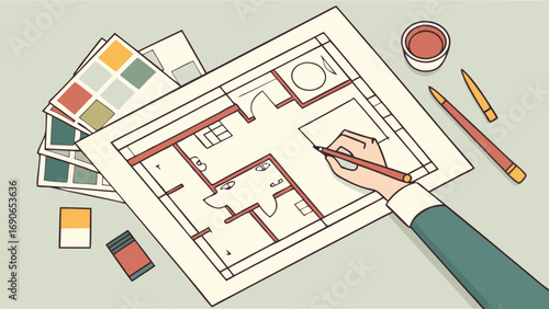Hand drawing house plan architectural design interior design home renovation color palette blueprint planning workspace top view overhead shot flat lay creative process design concept home building c.