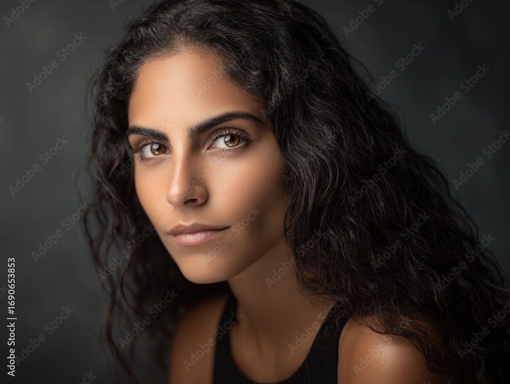 Fototapeta premium A portrait of a captivating woman with wavy dark hair, wearing a black tank top, designed for social media avatars, model photos, and business card photos, suitable for personal and professional use.
