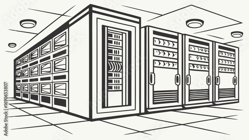 Illustration of a data center server room with multiple racks of servers and network equipment.