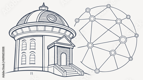 Illustration of a dome building with a network connection graphic.