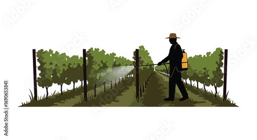 a farmer spraying crops in lush green vineyard fields