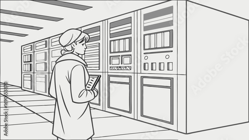 Illustration of a person inspecting computer servers in a data center.