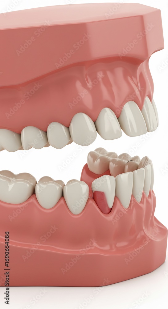 Fototapeta premium Model of human teeth showing dental bridge and gum line in a close up view on a white background