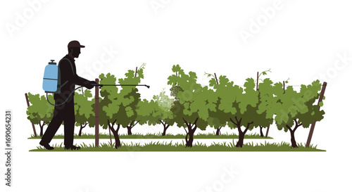 a farmer spraying crops with a backpack sprayer in vineyard