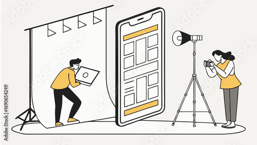 Illustration of a photoshoot setup with a smartphone app interface photographer and assistant.