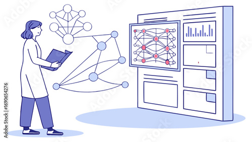 Illustration of a Scientist Studying Network Data and Graphs.