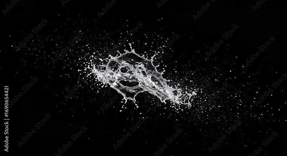 Fototapeta premium A water splash with droplets frozen midair against a stark black background