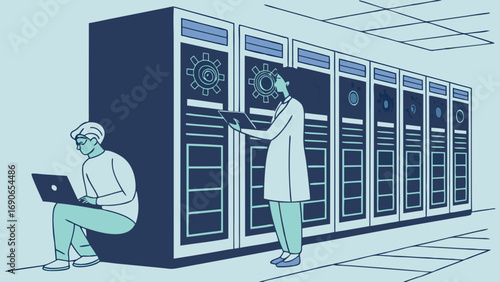 Illustration of data center technicians working with servers.