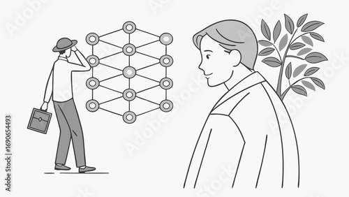 Illustration of network connection businessman and nature elements for business technology and growth concepts.