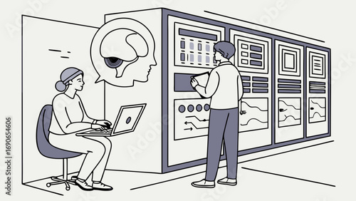 Illustration of two professionals working on a technological project one using a laptop and the other interacting with a control panel.