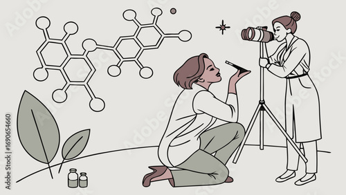 Illustration of two scientists working together in a lab one photographing a sample the other preparing it with a molecular structure and plant elements in the background.