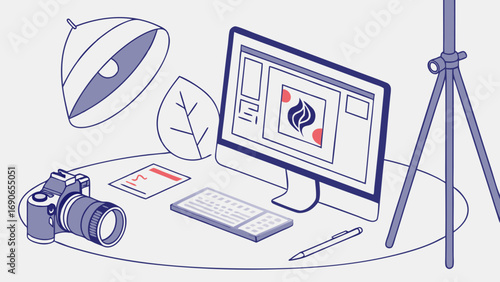 Isometric Illustration of a Photographers Workspace with Computer Camera and Lighting Equipment.