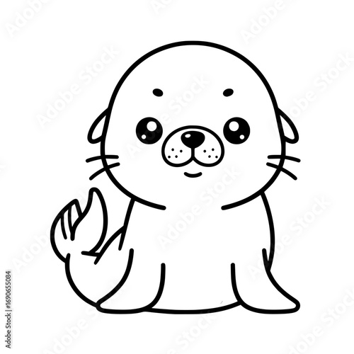 Cute chibi sea lion, black and white vector, bold clean shape, isolated
