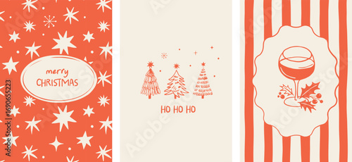 Merry Christmas hand drawn greeting cards, banners, prints. La dolce vita style illustrations with Xmas trees, decorations and wreath. Vector design 