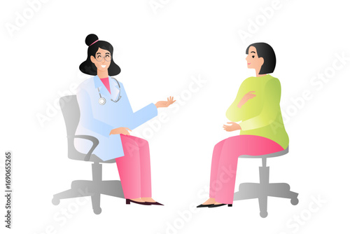 Consultation scene in a hospital: conversation between a female doctor and a patient