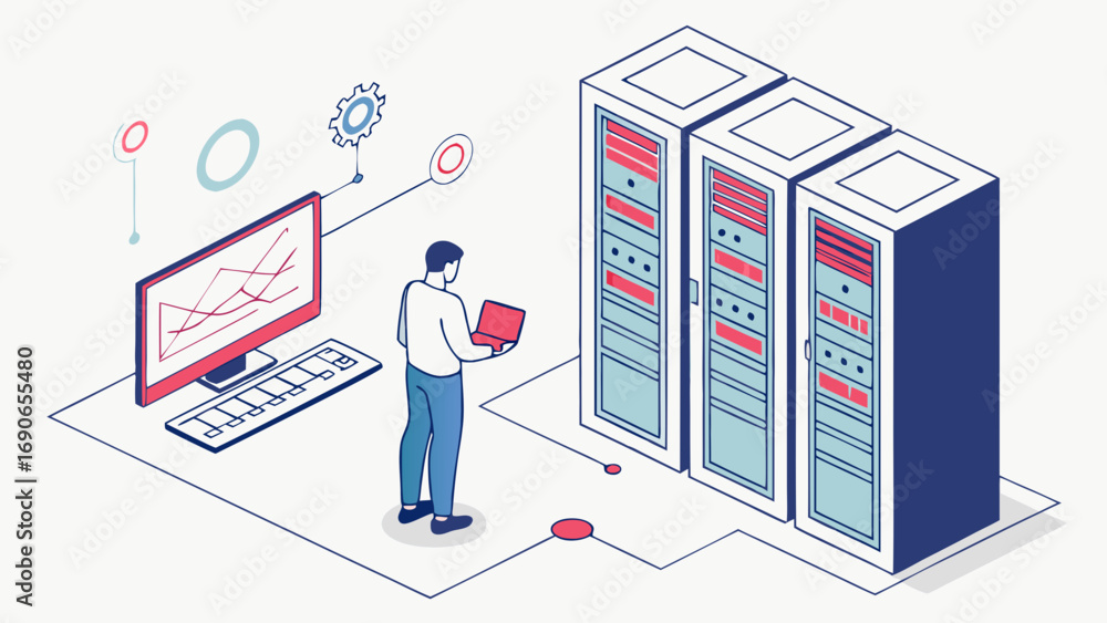 Fototapeta premium Isometric Illustration of Data Center Technician Working with Servers and Computer.