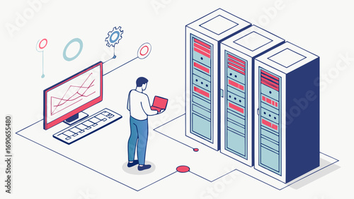 Isometric Illustration of Data Center Technician Working with Servers and Computer.