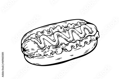 Classic hotdog sketch with mustard and lettuce in black and white